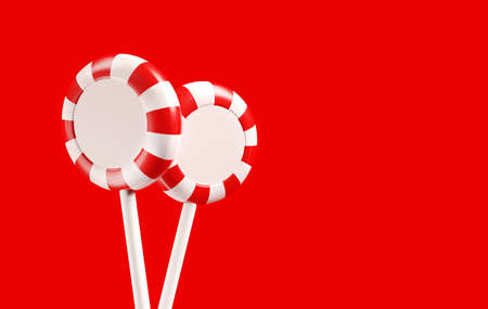 Round colored candies on a red background. Lollipops. Sweet background. 3D rendering.の写真素材