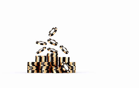 Casino concept. Stack of black and gold chips. Online casino. Falling poker chips and dice. 3d rendering.の写真素材