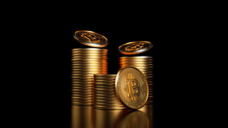 Bitcoin golden coin with gold. Digital currency. Cryptocurrency concept. Money and finance symbol. Crypto illustration. 3D rendering.の写真素材