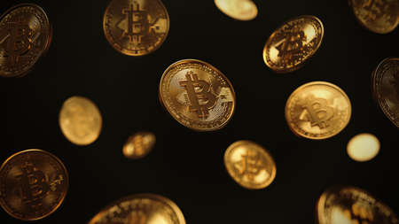 Bitcoin golden coin with gold. Digital currency. Cryptocurrency concept. Money and finance symbol. Crypto illustration. 3D rendering.の写真素材