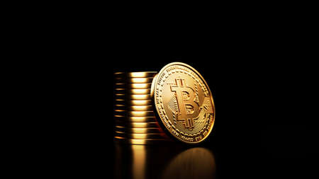 Bitcoin golden coin with gold. Digital currency. Cryptocurrency concept. Money and finance symbol. Crypto illustration. 3D rendering.の写真素材