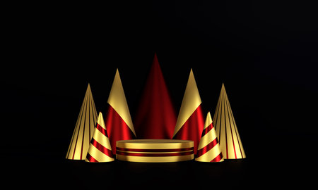 Podium, pedestal or platform, background for the presentation of cosmetic products. Place for ads. Happy New Year or Christmas Background With Podium and Christmas decorations. 3D rendering.の写真素材