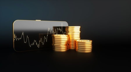 bitcoin golden coin. digital currency. Cryptocurrency concept. Money and finance symbol. Mobile phone next to stacks of bitcoins. 3d rendering.の写真素材