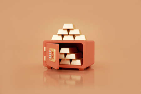The golden safe is in the foreground. banking security. gold bars. 3D illustration.の写真素材