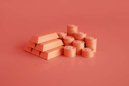 Bitcoin gold coin with gold. digital currency. Cryptocurrency concept. Symbol of money and finance. Crypto illustration. gold bars. 3D rendering.の写真素材