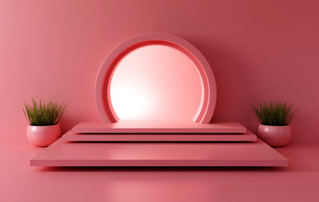 Podium, pedestal or platform, background for the presentation of cosmetic products. 3d podium. Place for ads. 3D rendering podium geometry with elements. Product presentation blankの写真素材