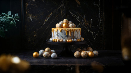 Studio with cake, birthday cake for the holiday. Sweet dessert. AI illustration.の素材