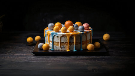 Studio with cake, birthday cake for the holiday. Sweet dessert. AI illustration.の素材