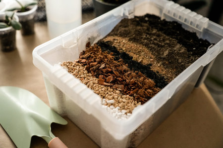 Transplanting a plant into a new pot. Components for transplanting. Natural background.