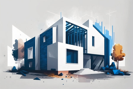 Illustration of modern house in blue tones, minimalism and clean architectureの素材