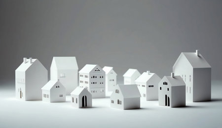 minimalist white illustration of several miniature houses. The style is as if they were houses made of paper on a white background representing a generic neighborhood.の素材