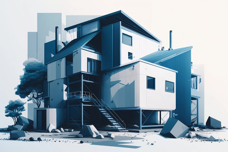 illustration of a big house under building with beautiful blue tones style,の素材