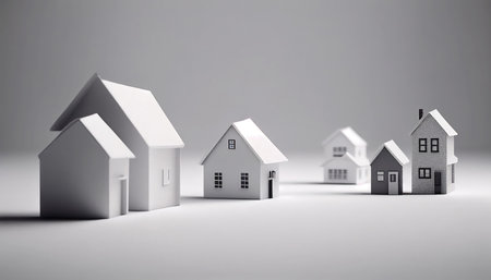 minimalist white illustration of several miniature houses. The style is as if they were houses made of paper on a white background representing a generic neighborhood.の素材