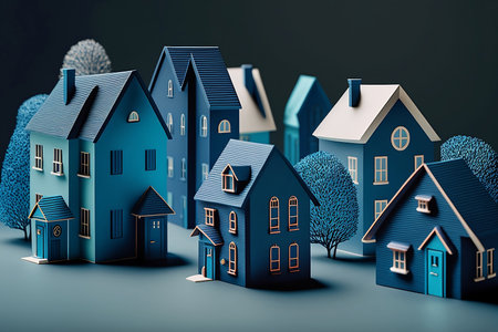 illustration of a neighborhood in a quiet city with blue tones, small houses in a minimalist and natural styleの素材