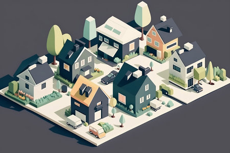 Illustration of a city neighborhood with bright pastel colors, funny houses that make up a nice space.の素材