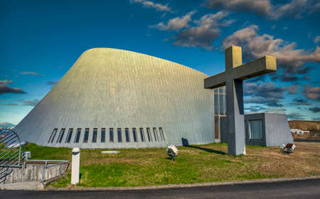 The modern church of BlÃ¶nduÃ³skirkja in Icelandの写真素材
