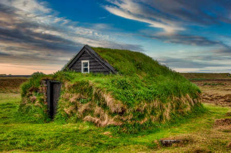 Typical view of turf-top houses in Icelandic countrysideのeditorial素材
