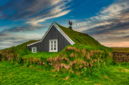 Typical view of turf-top houses in Icelandic countrysideのeditorial素材