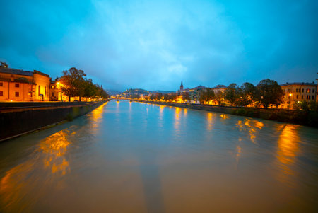 The Rio Aldige night view in Verona Italyの写真素材