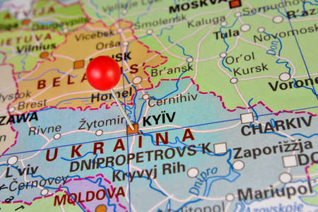 Pin marked Kiev on map in Ukraineの写真素材