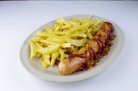 German sausage with potatoes ketchup and carilの写真素材