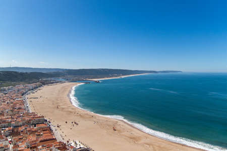 View of the beach from above in Nazare, Portugalの写真素材