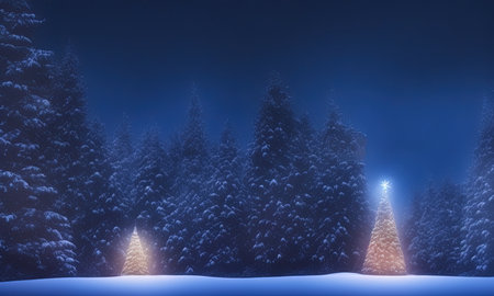 Two christmas trees in the nightの写真素材