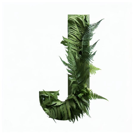 letter J made of fern leaves isolated on white background - 3d illustrationの写真素材