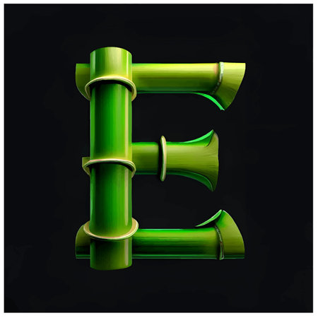 Bamboo alphabet, letter E, green color isolated on black backgroundの写真素材