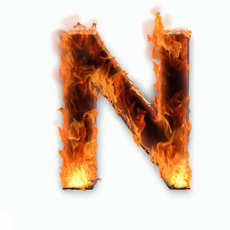 Letter N of the alphabet made of fire, isolated on white backgroundの写真素材