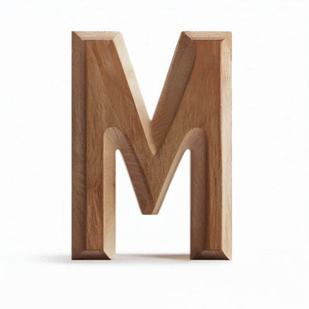 Wooden letter M isolated on white background. 3D render Illustration.の写真素材