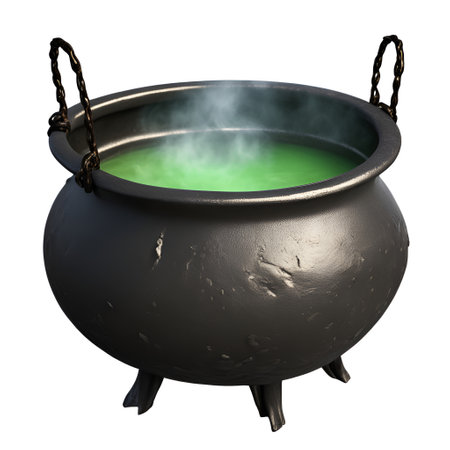 3d render of magic cauldron with green potion on white backgroundの素材