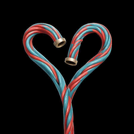 Red and blue cable in the shape of a heart on a black backgroundの素材