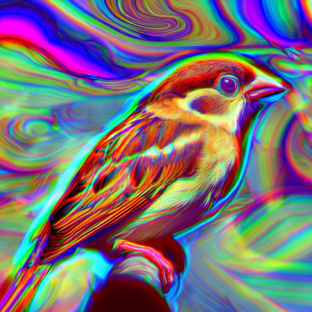 Colorful abstract background with a sparrow on a colored background.の素材