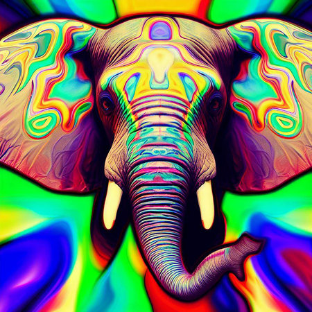 Elephant head with colorful abstract background. Psychedelic digital painting.の素材