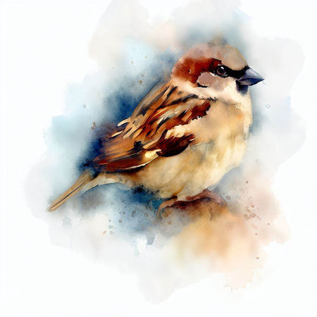 Watercolor illustration of a sparrow. Hand drawn watercolor illustration.の素材