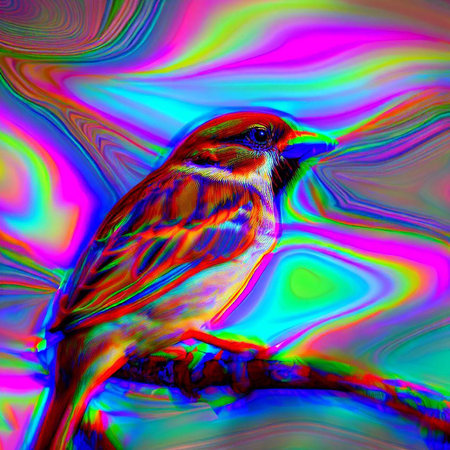 Sparrow on a branch in the colors of the rainbow.の素材