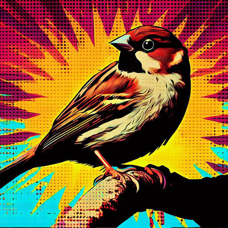 Sparrow on a branch in pop art style. Vector illustration.の素材