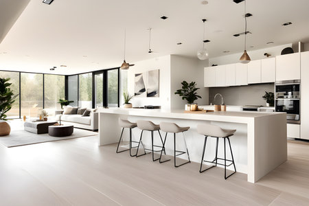 interior of modern bright kitchen with white walls, wooden floor, white countertops and dining areaの素材