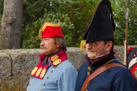 Almeida, Portugal - 08/26/2017: Reenactment of siege of Almeida during Napoleonic Peninsular War - french troopsのeditorial素材