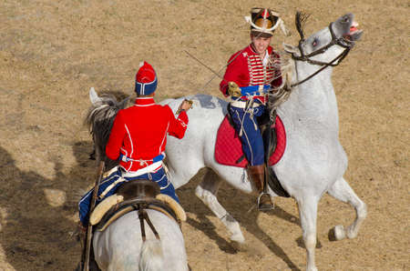 Almeida, Portugal - 08/26/2017: Reenactment of siege of Almeida during Napoleonic Peninsular War - cavalry battle, sword fightのeditorial素材