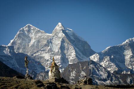 little stupa in the beautiful mountains in Everest Base Camp trekの写真素材