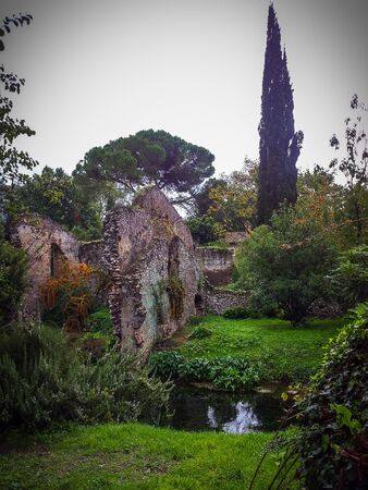 Ruins and refection in Giardini di Ninfa in Italyの写真素材