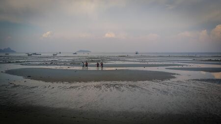 Very clear image tourists in low tide in a beach in Phi Phi Island in Krabi Province in Thailandの写真素材