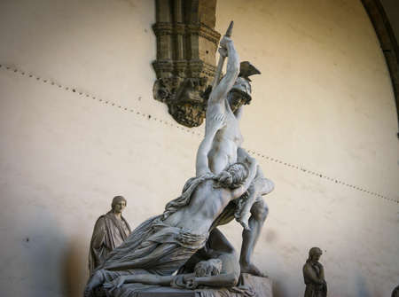 Florence sculpture of The Rape of Polyxena, by Pio Fedi in Loggia dei Lanzi, Piazza Della Signoria in Firenze, Italyのeditorial素材