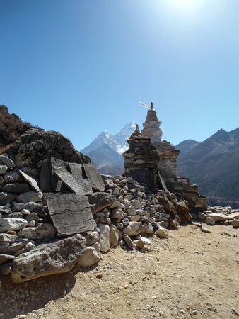 Amazing landscape in the Everest Base camp Trek in Nepal. Stupa and mountainsの写真素材