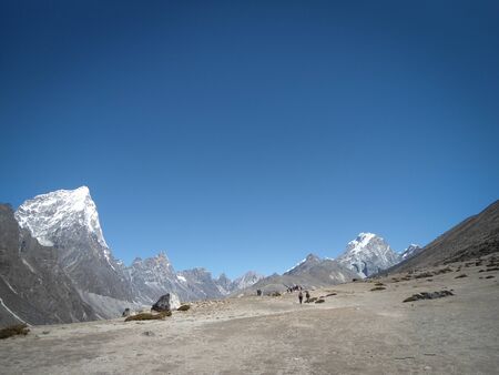 Group of trekkers in Everest Base camp trek. Beautiful view. Copy space