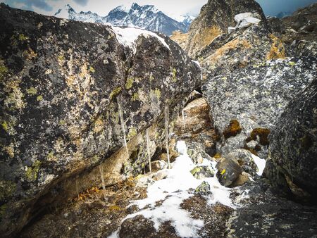 Ice stalactite in Nepal. Beautiful rock cave and pathway in the Everest base camp Trekの写真素材