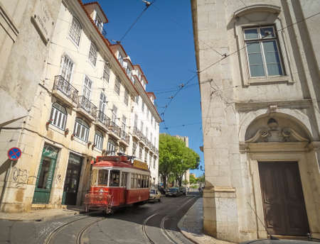 Beautiful Largo da Madalena in Porto, Portugal. Tramcar electric and nice architecture