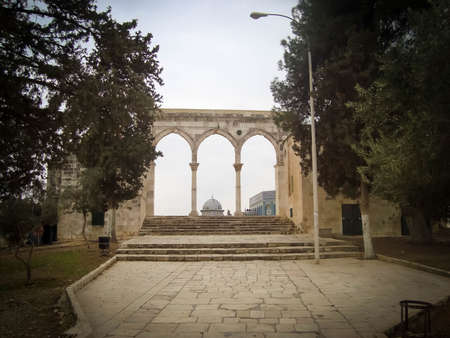 Ancient arcs and the Dome of the Rock in Jerusalem, Israelの写真素材